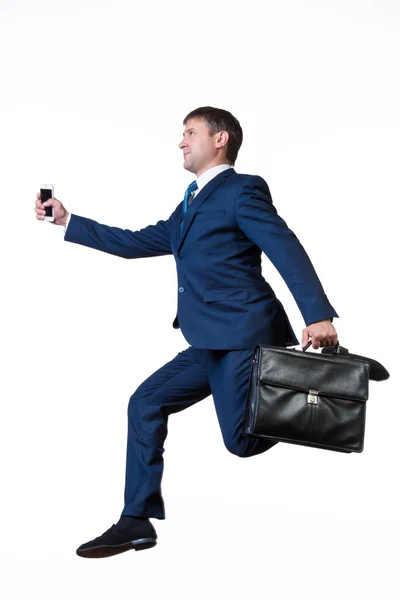 Executando Homem Negócios Com Pasta Telefone Isolado Fundo Branco — Fotografia de Stock