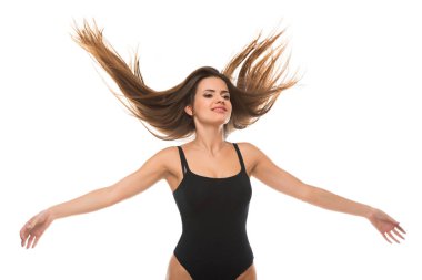 Fly-away saçlı güzel mutlu esmer kız.