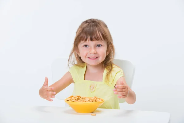 Cute Happy Smiling Emotional Positive Girl Year Old Yellow Shirt — Stock Photo, Image