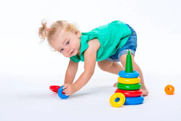 Cute Kid Blonde Girl Playing Color Pyramid Toy Isolated White — Stock Photo, Image