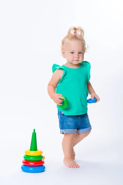 Cute Kid Blonde Girl Playing Color Pyramid Toy Isolated White — Stock Photo, Image