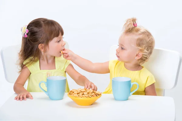 Zwei Süße Kleine Mädchen Schwestern Essen Getreideflocken Und Trinken Eine — Stockfoto