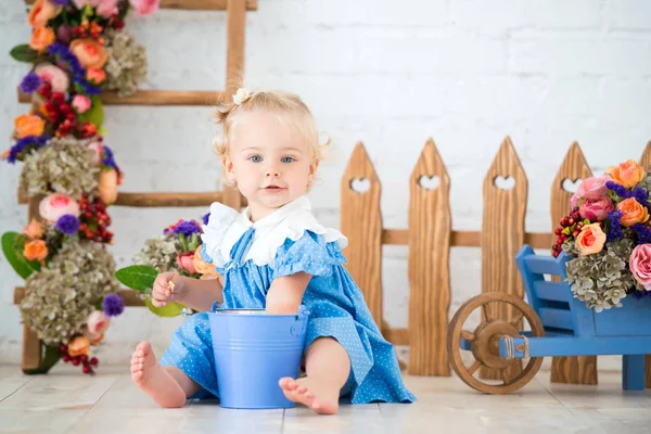Маленька Дівчинка Мила Дівчинка Блакитній Сукні Відром Візком Квітів Студійних — стокове фото