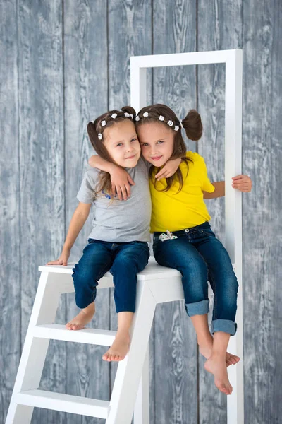 两个穿着牛仔裤的漂亮开朗的女孩姐妹坐在演播室的木墙背景前的梯子上 — 图库照片