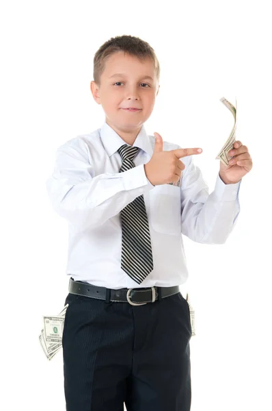 Веселий хлопчик-студент підліток тримає гроші ізольовано на білому тлі. Молодий бізнесмен, перший заробіток — стокове фото