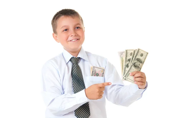 Neşeli erkek çocuk öğrenci öğrenci genç beyaz bir arka plan üzerinde izole para tutuyor. Genç işadamı, ilk kazanç — Stok fotoğraf