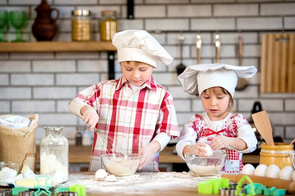 Children a boy and a girl prepare delicious gingerbread and cookies in the kitchen from flour and eggs — Stock Photo, Image