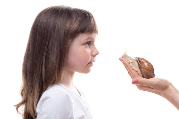 Niedliches kleines Mädchen und Akhatina Schnecke. Nahaufnahme. Haustiere. Konzept der Jugend- und Schönheitshaut, Gesichtsverjüngung — Stockfoto