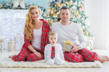 Noel ağacı ve Yeni Yıl şömine yakınında damalı pijama mutlu gülümseyen aile