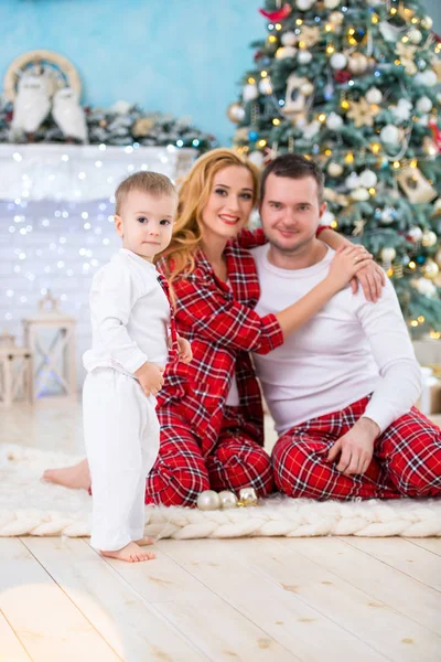 Happy smiling family in checkered pajamas near the Christmas tree and New Year 's fireplace — стоковое фото