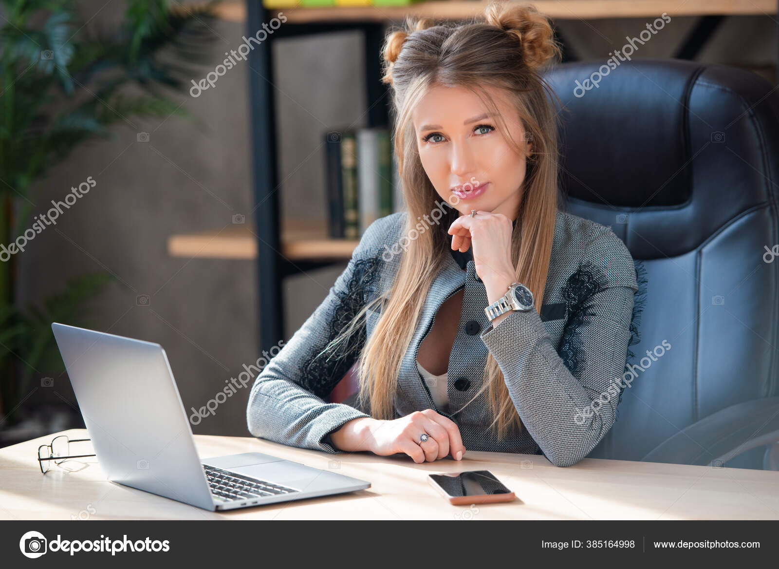 Stylish Business Woman Glasses Fashionable Business Suit Interior