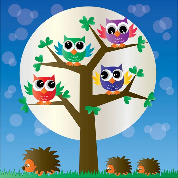 Colorful Owls Sitting Tree — Stock Vector
