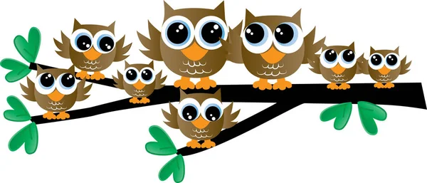 Une Jolie Famille Chouettes Brunes Assise Sur Une Branche — Image vectorielle