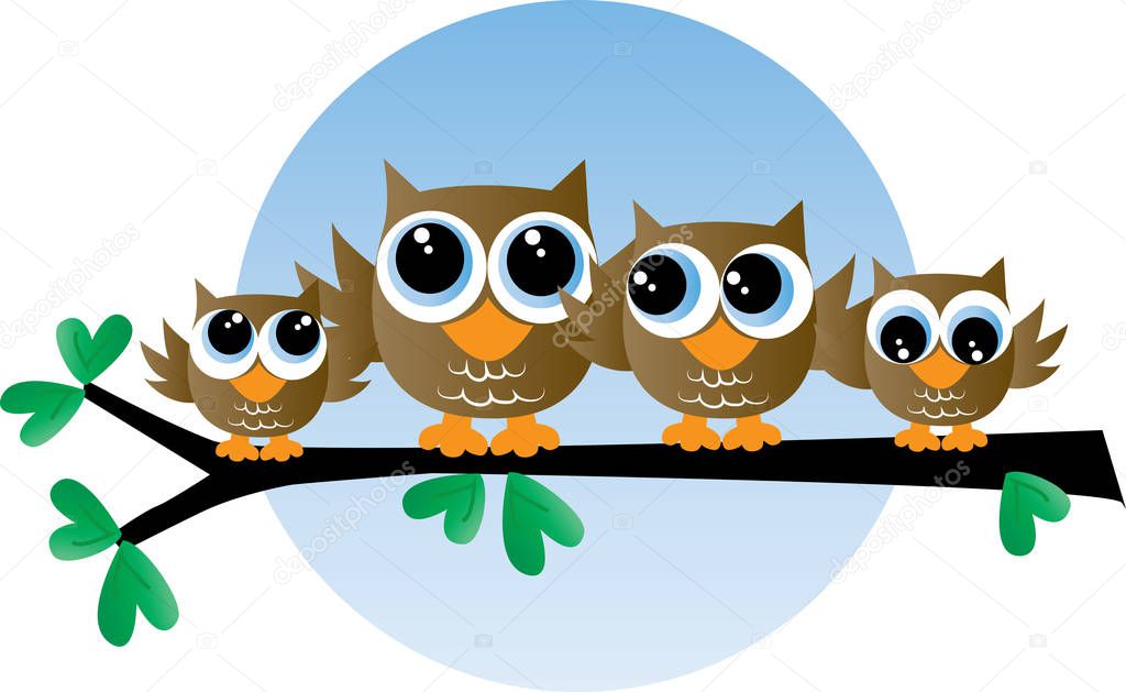 a cute brown owl family sitting on a branch