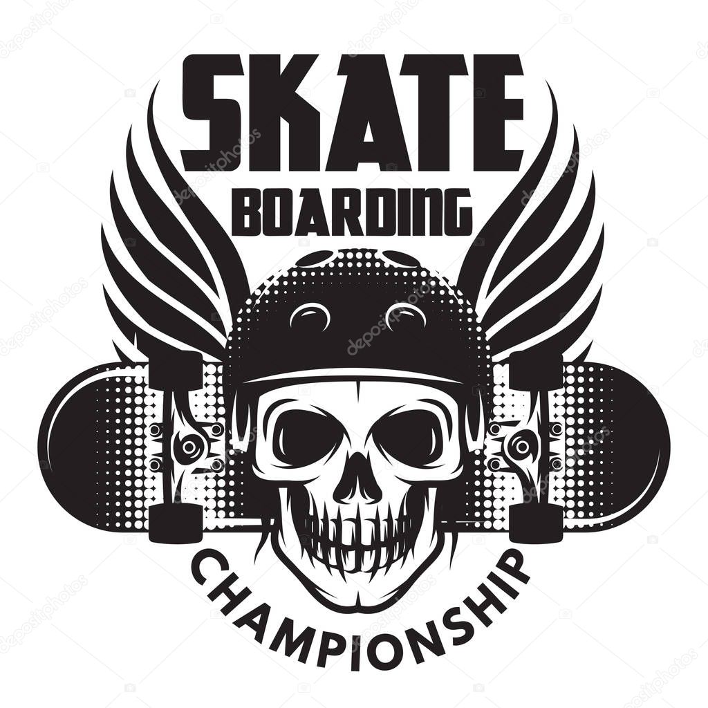 Emblem for skateboarding with skull, wings and skateboard. Vector illustration