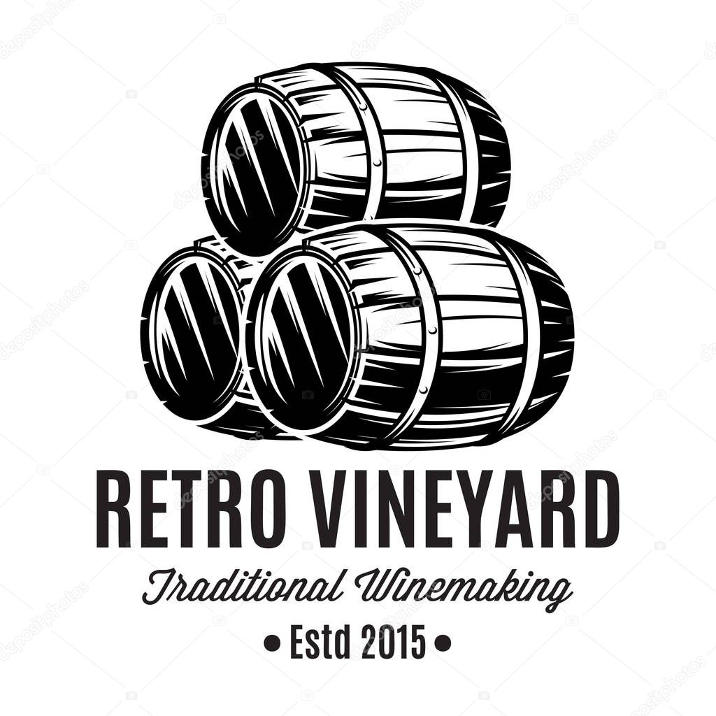Vector monochrome illustrations with three barrels for alcoholic beverages.
