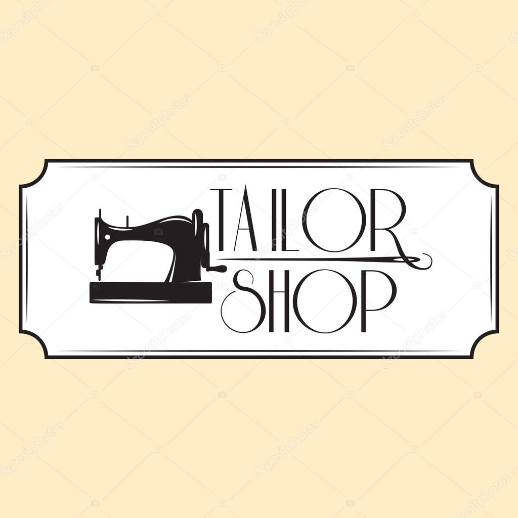 Retro style emblem with sewing machine. Vector monochrome illustration.
