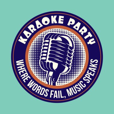 Retro tarzı müzik amblemi karaoke partisi için mikrofon ile. Vektör rengi çizim.