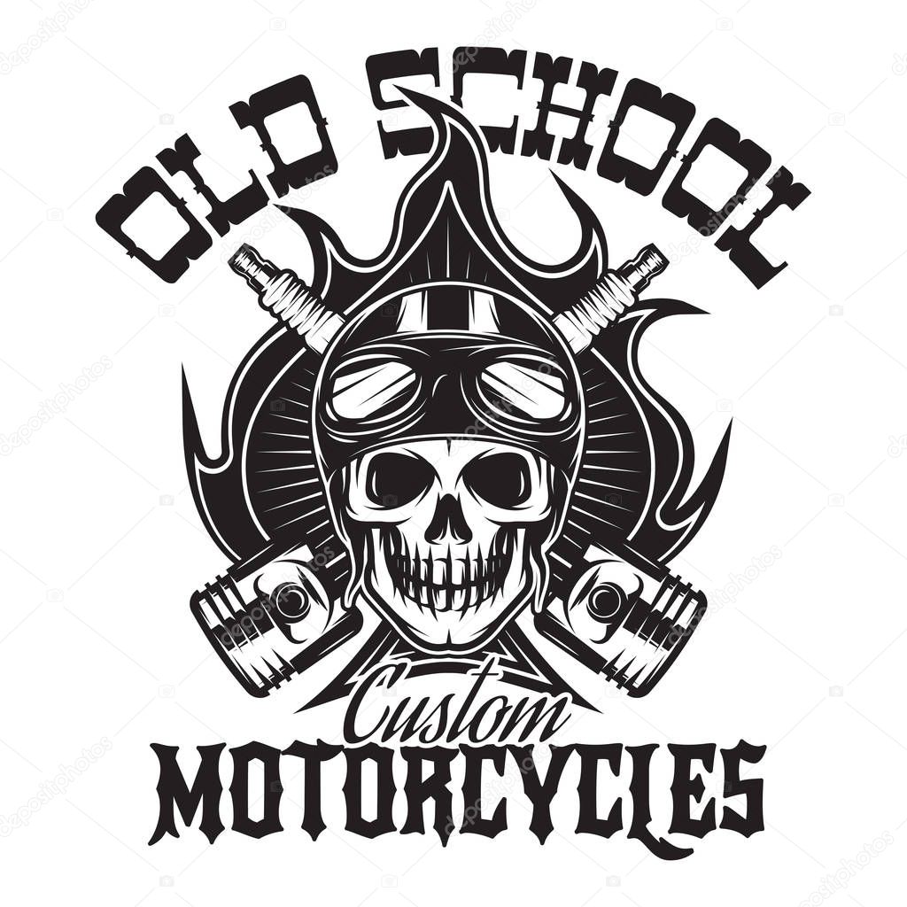 Monochrome pattern in vintage style on motorcycle theme with a skull and fire on background.