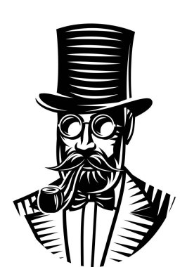 Vektör tek renkli beyefendi ve çizimi silindir şapka kulüp için.