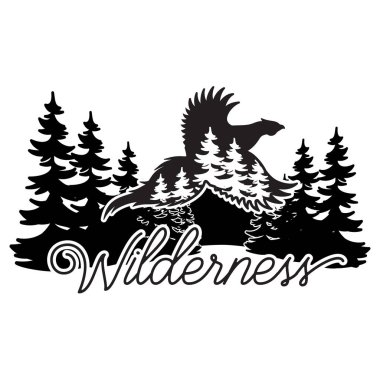 Sülün ve orman ile stilize tek renkli vektör çizim.