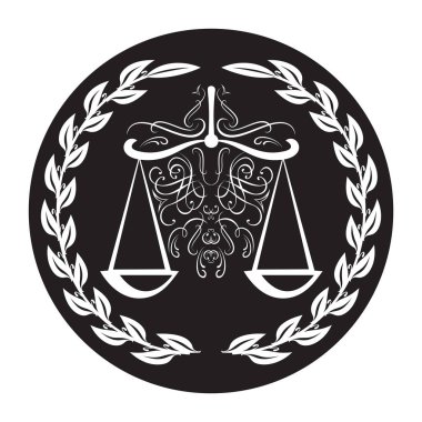 Avukat bir defne çelengi siyah arka plan üzerine ölçeğinde iz. Weigther Adalet ve hakemlik. Kovuşturma ve hukuk savunma denge, yargı ve koruma, dava ve insan hakları Tema.
