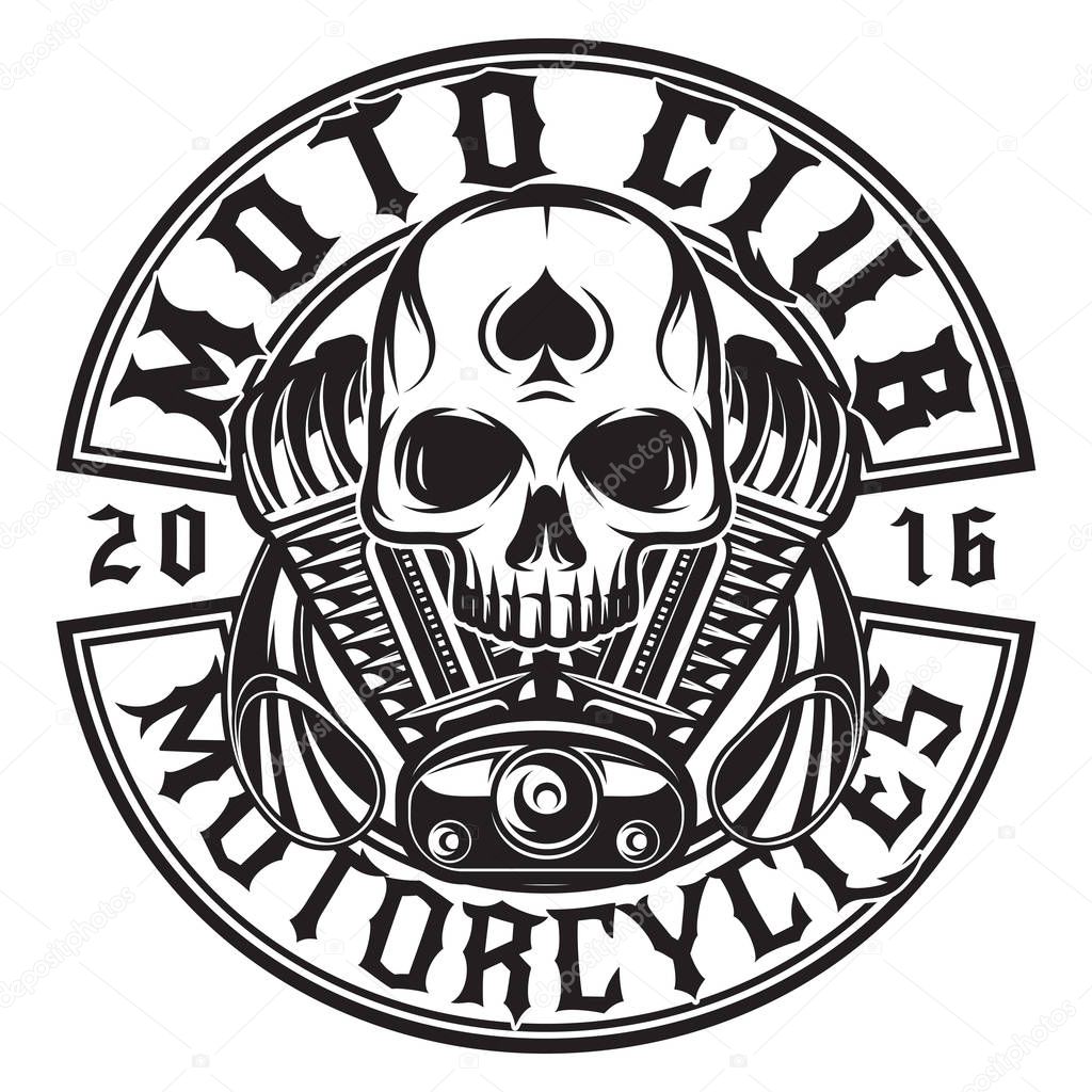 Monochrome vector pattern on the theme of moto with skull and engine.