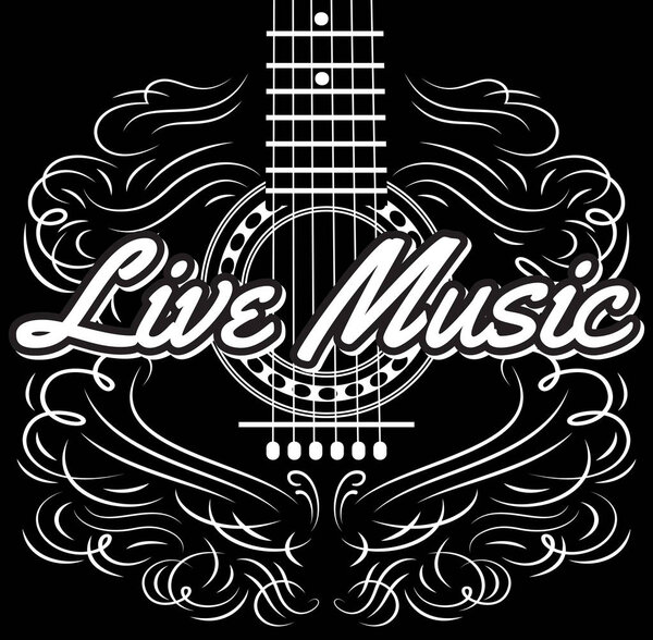Vector monochrome editable template for invitation design for evening guitar Live music.