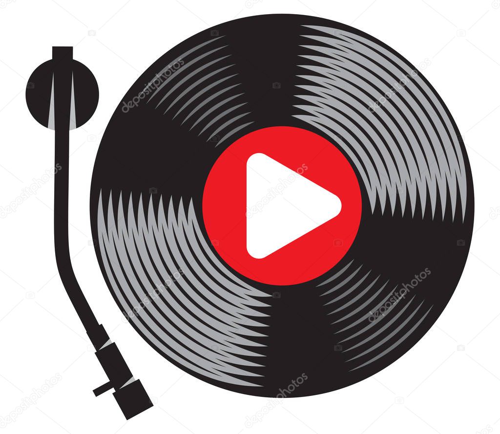 Symbolic gramophone with vinyl record, retro DJ mixer, vector illustration