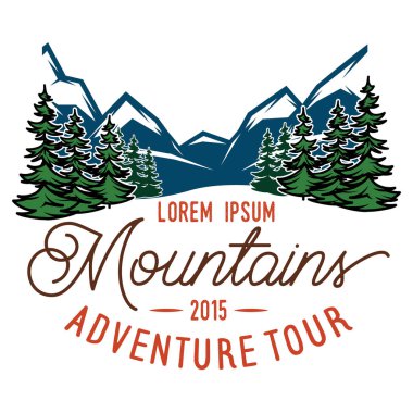 Renk vektör şablonuyla stilize yazıt, dağ ve orman. Tasarım için düzenlenebilir.