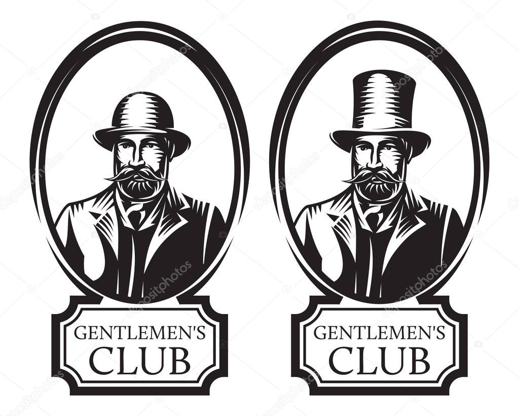 Set of vector monochrome illustrations for gentleman s club.