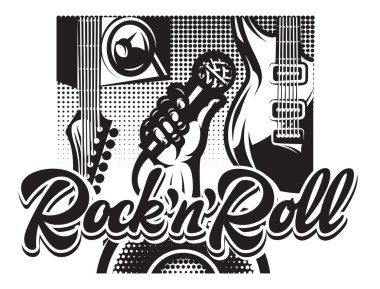 Poster gitar, el ve kaligrafi yazıt Rock and Roll.