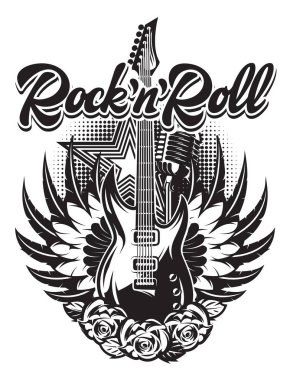 Gitar, mikrofon, kanatlar, gül bir rock konseri için poster üzerinde