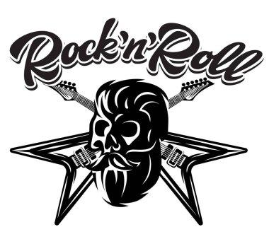 Yazıt rock n roll iki gitar ve sakallı kafatası ile bir poster için tek renkli şablonu. Vektör çizim.