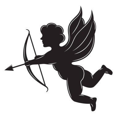 Tek renkli vektör çizim melek, aşk tanrısı ve ok ile.
