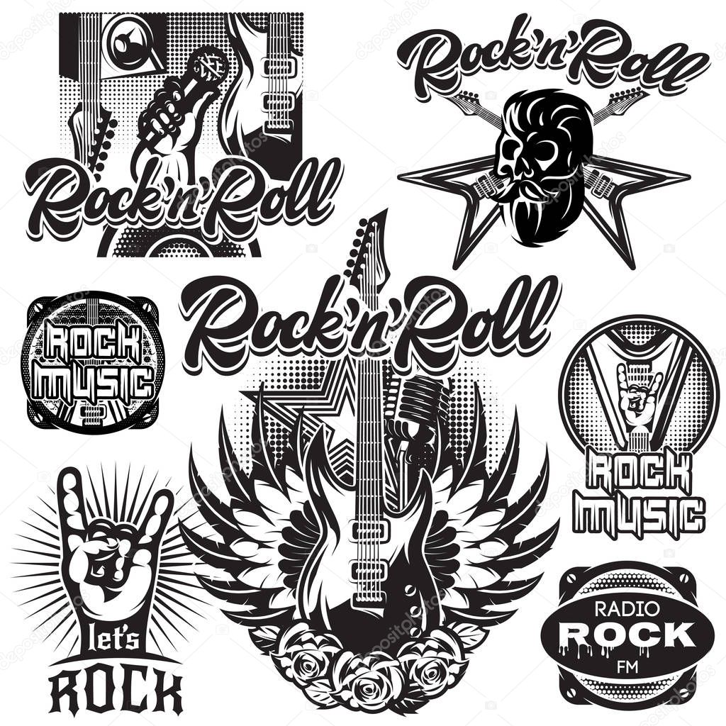 Set of monochrome vector patterns on the theme of rock music, rock and roll.