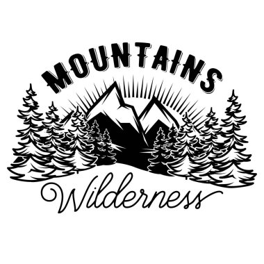 Stilize yazıt, dağ ve orman vektör şablonu. Tasarım için düzenlenebilir.