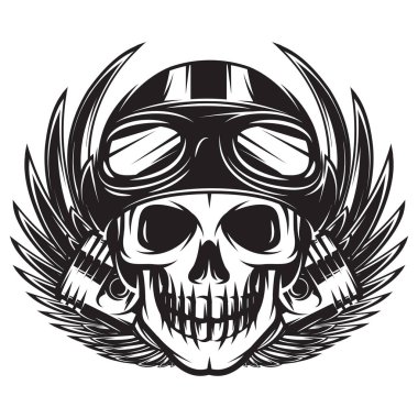 Vektör tek renkli illüstrasyon kafatası, kanat ve piston ile motosiklet konulu.