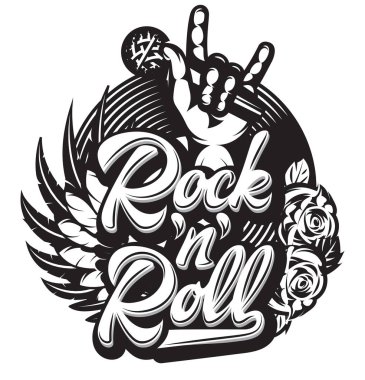 Vektör şık yazdırma şablonu rock mikrofon, kanat, vinil, gül ile Tema