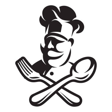 Bir şef, çatal, kaşık ile bir menü için vektör monokrom şablon