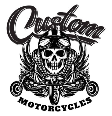Vector monochrome image with skulls, motorcycles, wings, engine and Calligraphic inscription
