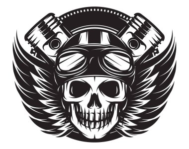 kafatası, kanatlar, motor ile motosiklet tema vektör monokrom görüntü