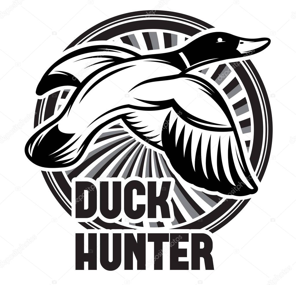 Vector monochrome template on the theme of duck hunting in wild.