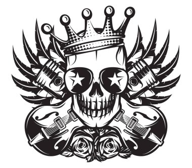 Rock müzik ve motosiklet kombine tema vektör monokrom illüstrasyon