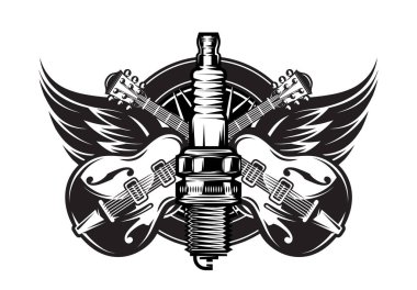 Rock müzik ve motosiklet kombine tema vektör monokrom illüstrasyon