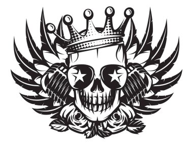 Rock müzik ve motosiklet kombine tema vektör monokrom illüstrasyon