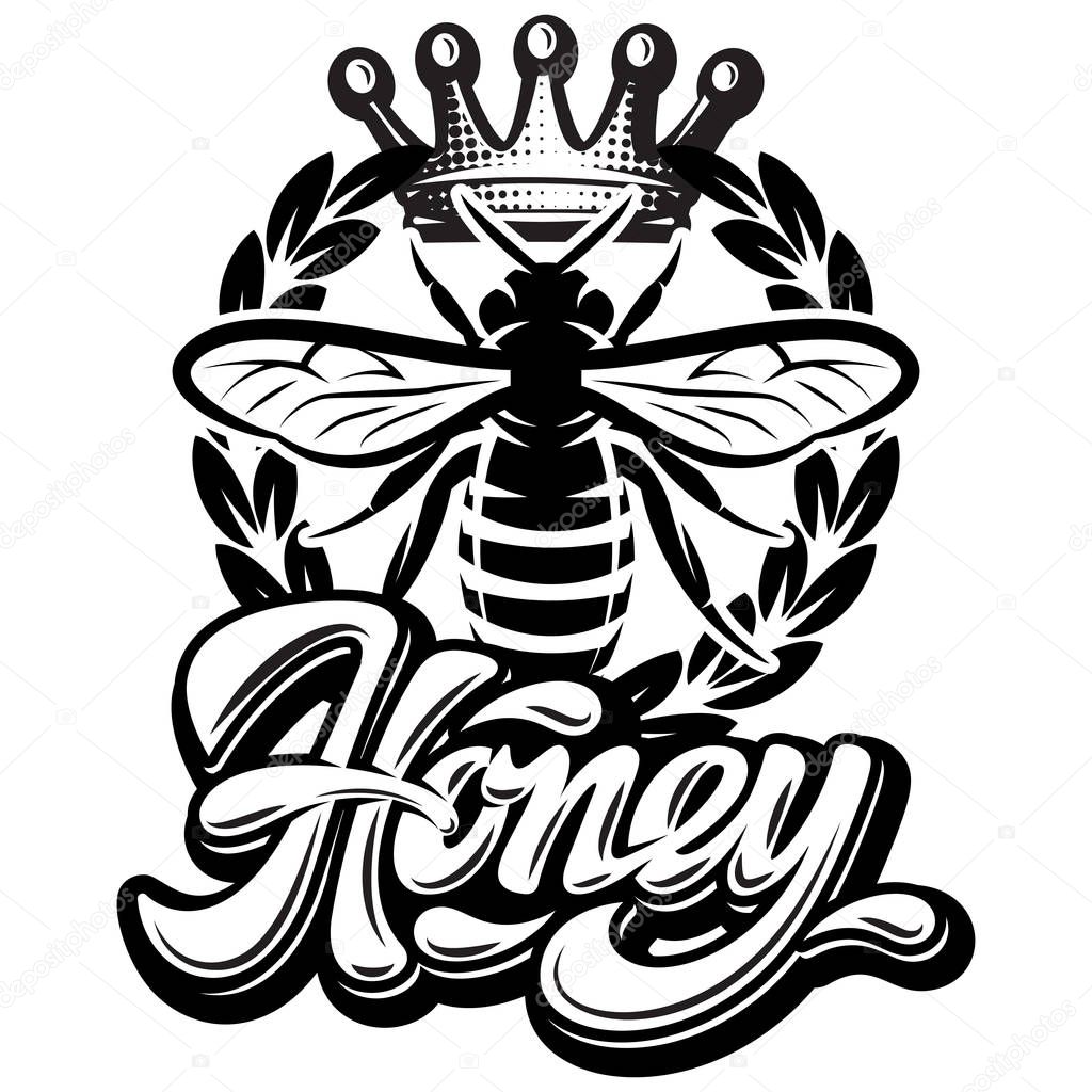 Vector pattern with flying bee, crown and calligraphic inscription - honey.