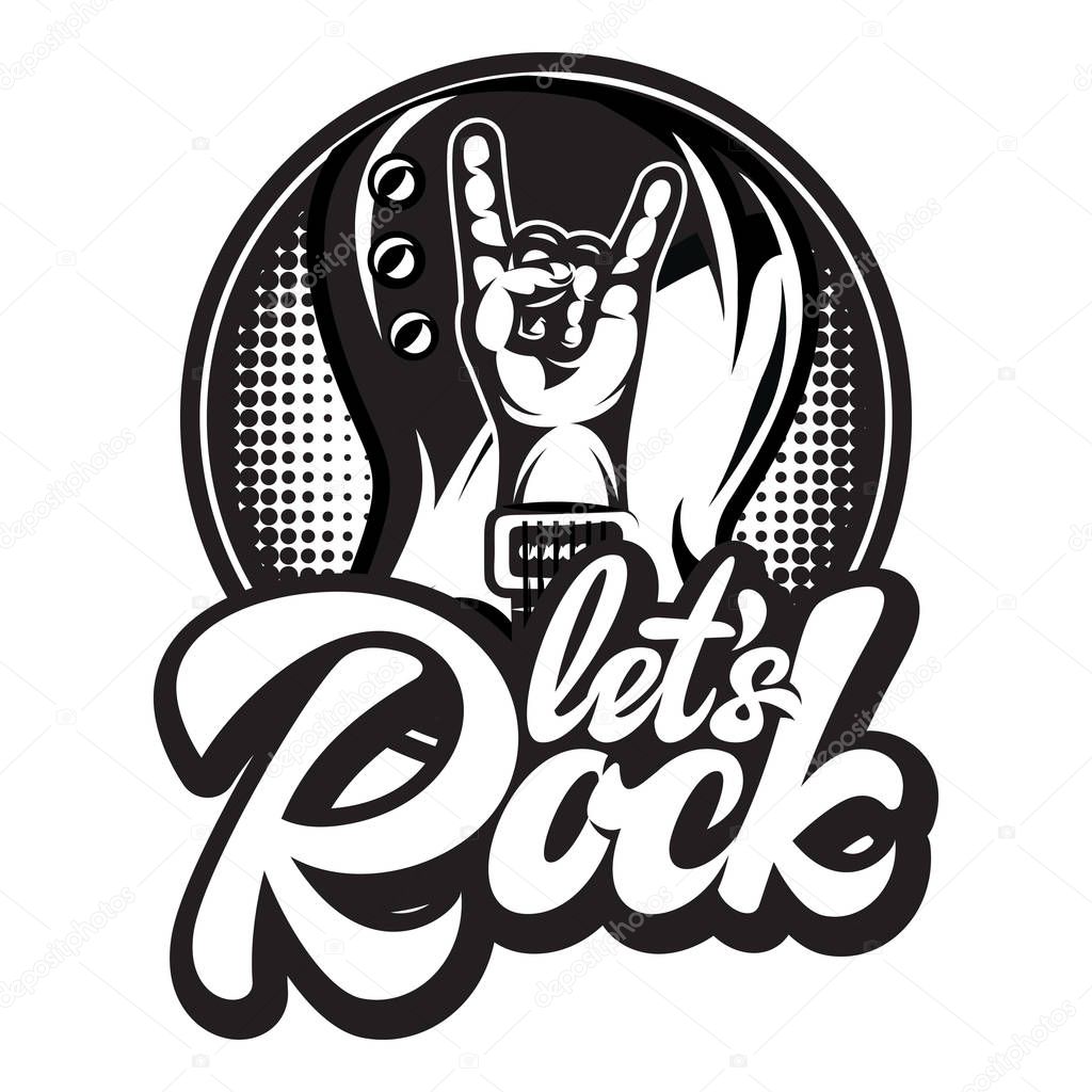 Stylish vector illustration with monochrome hand and guitar on background and inscription of the rock music theme.
