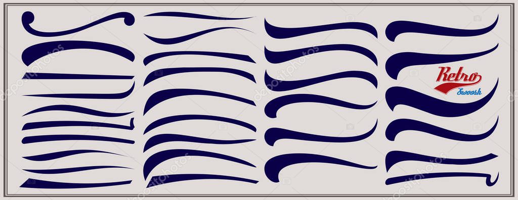 Vector set of texting tails. Sport logo typography vector elements. Swirl swash stroke design, curl typographic illustration.