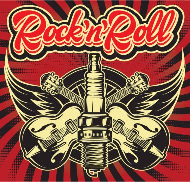 Rock müzik ve motosikletin birleşik temasında vektör rengi çizimi